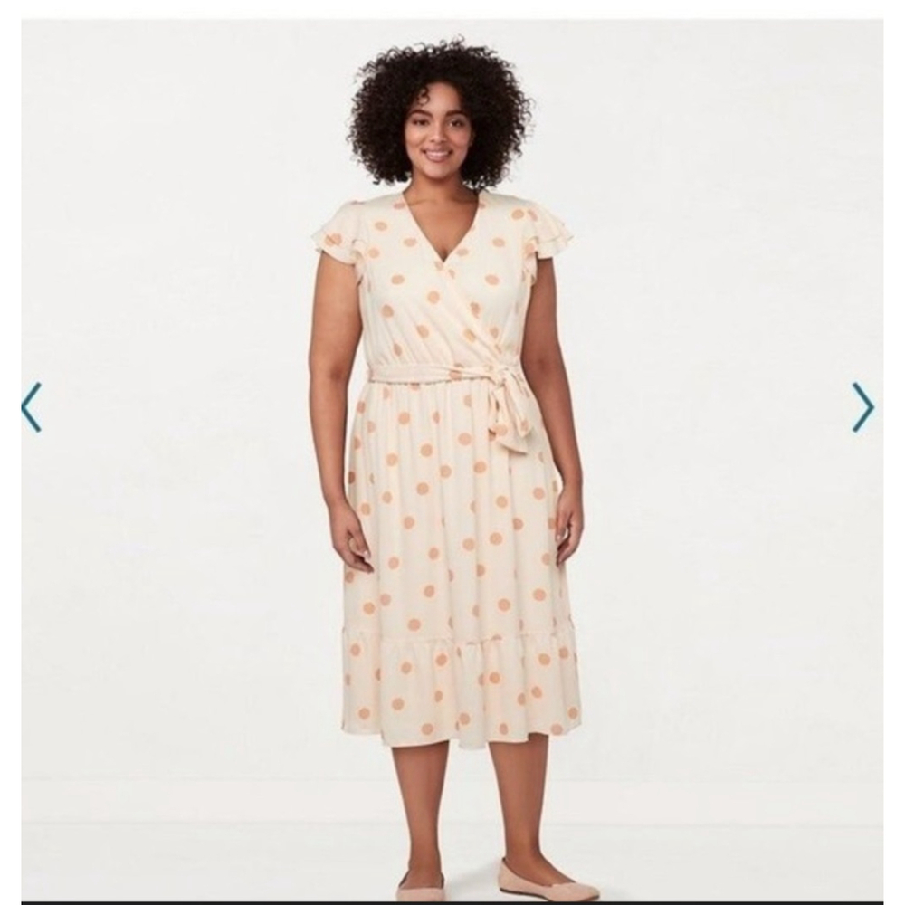 Lauren Conrad Dress Large White Peach Polka Dots Faux Wrap MIDI Flutter Sleeves - Picture 11 of 11